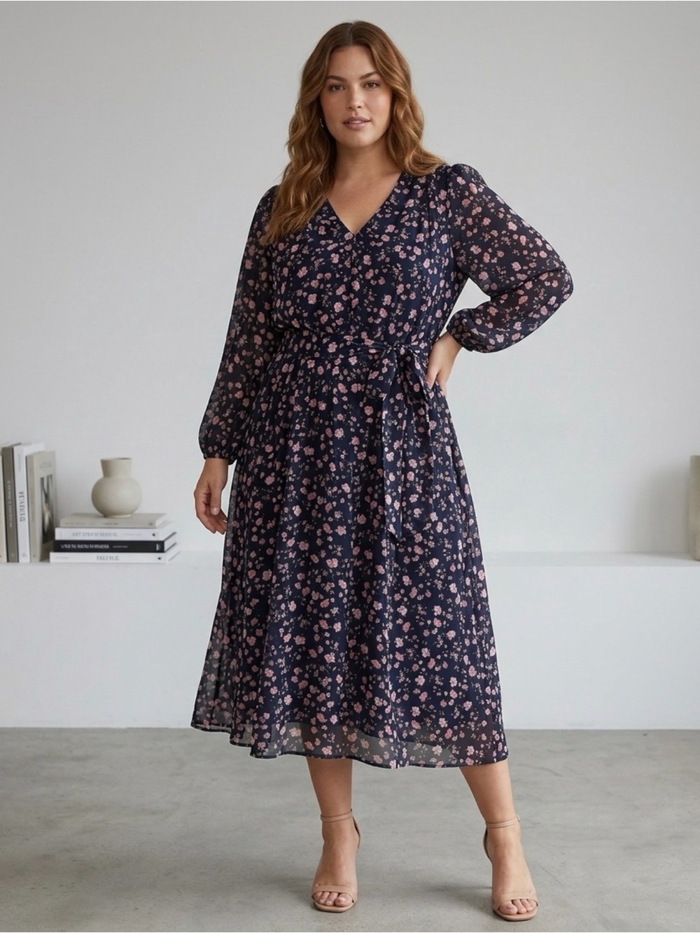 Lane Bryant NWOT Floral V-Neck Long Sleeve Waist Tie Midi Dress Size 24